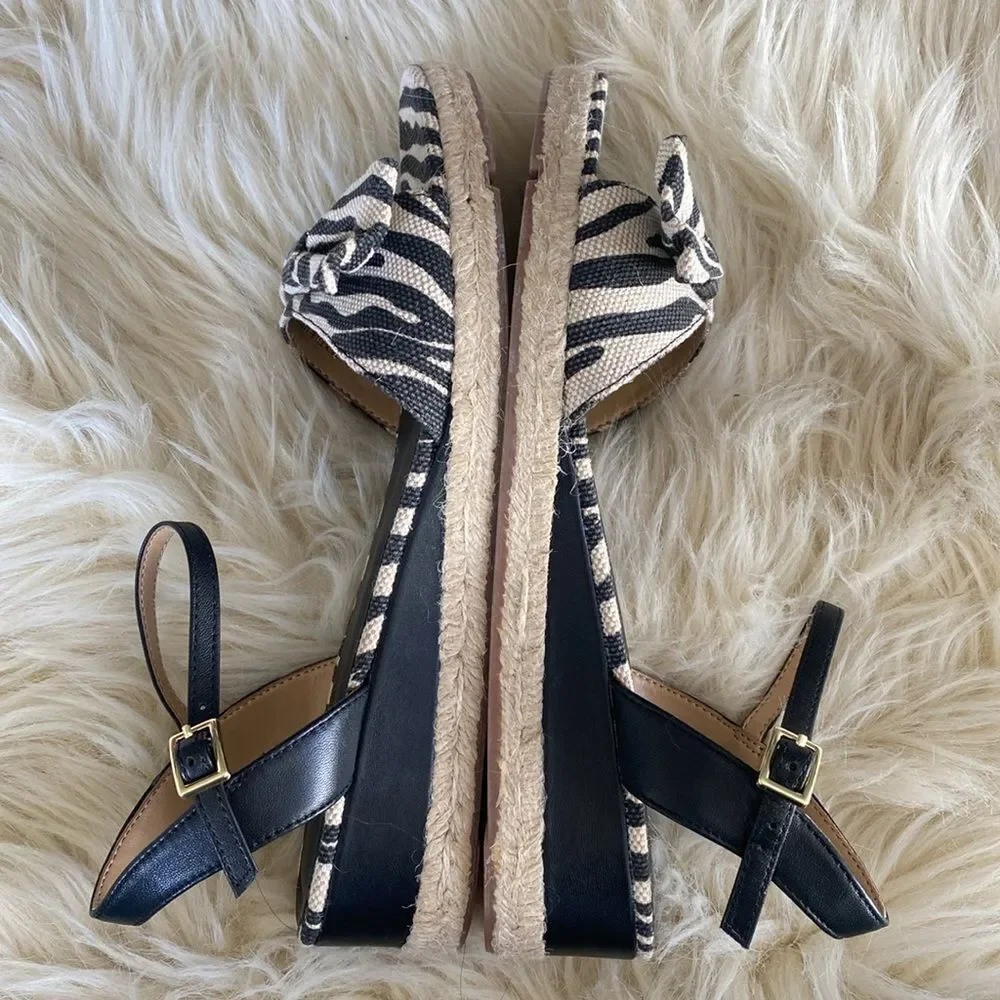 Talbots Linen Black White Zebra Pattern Espadrille Wedges Sandal sz 8 Vacation